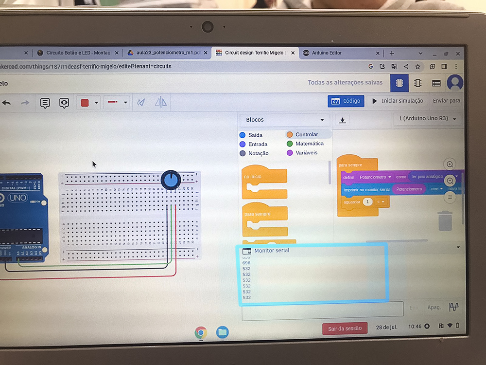 Print no tinkercad que demonstra a regulação do nível de energia graças ao potenciômetro
